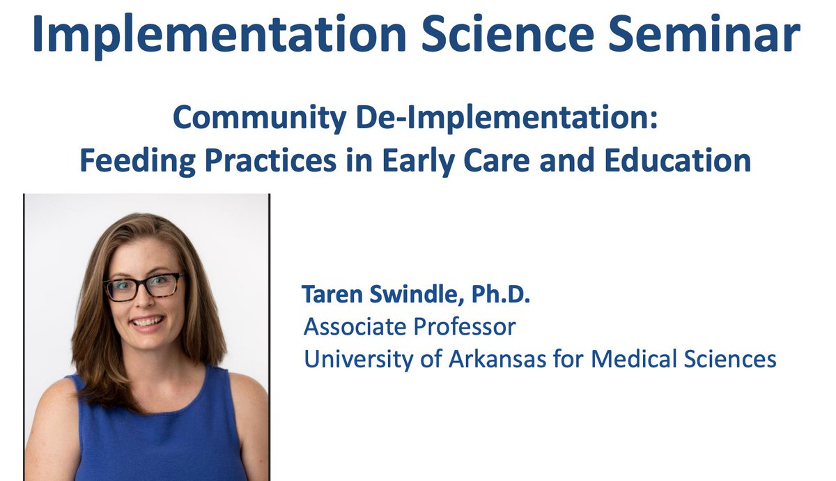 Join us Fri May 5 at 12 pm EST for our #ImpSci Seminar series at Columbia Univ/CTSA/NYSPI! Thrilled to have <a href="/taren_swindle/">Taren Massey-Swindle, PhD</a> join us to talk about her work on de-implementation in community settings focused on feeding practices in early care/education! <a href="/ColumbiaMSPH/">ColumbiaPublicHealth</a> <a href="/ColumbiaMed/">Columbia Medicine</a>