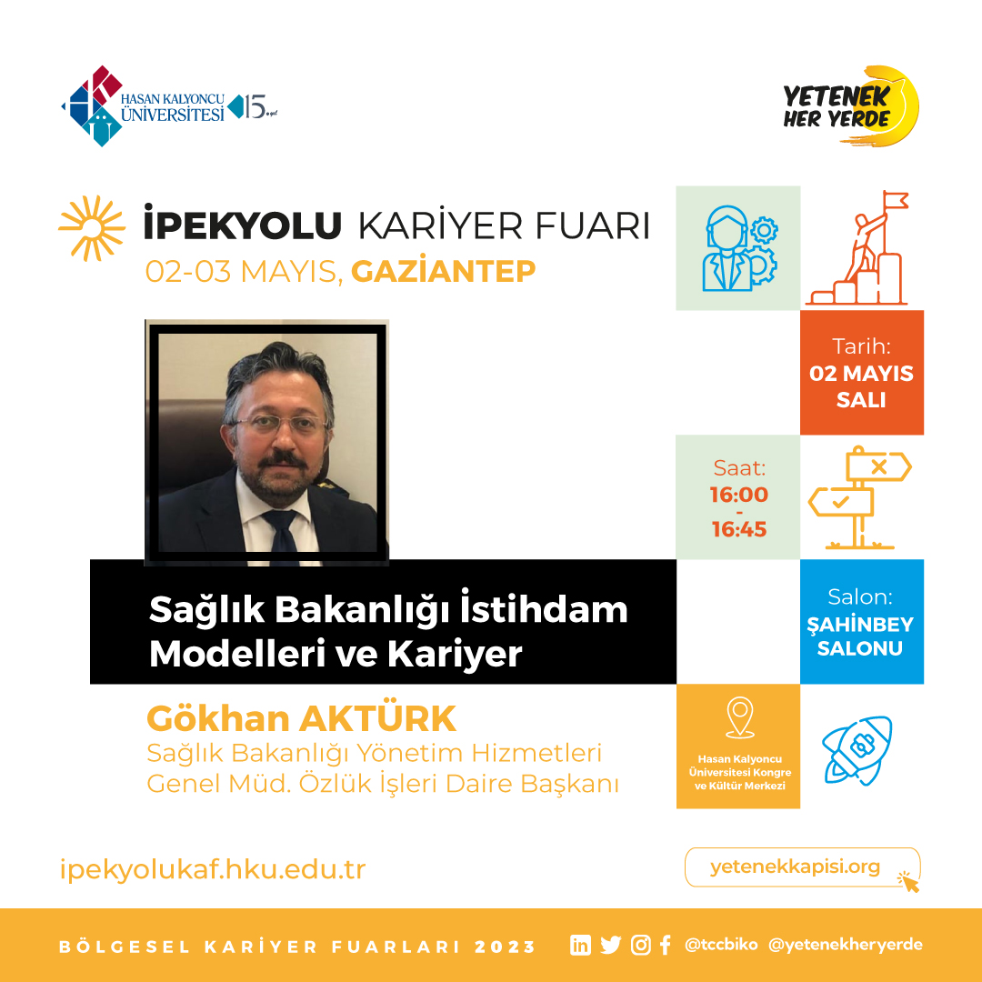ipekyolukaf's tweet photo. @tccbiko tarafından koordine edilen ve üniversitemizin ev sahipliğinde, konuğumuz 'Sağlık Bakanlığı İstihdam Modelleri ve Kariyer' konu başlığı ile Sağlık Bakanlığı Yönetim Hizmetleri Genel Müd. Özlük İşleri Daire Başkanı Gökhan Aktürk olacak.
📷2 Mayıs
📷16.00
📷HKÜ KKM https://t.co/vic0qRzCiZ