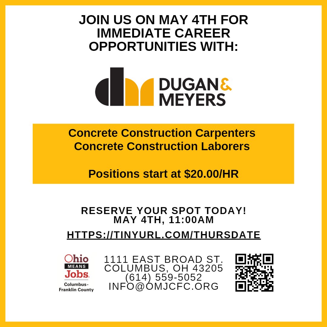 Join us Thursday (5/5) for our #ThursDate with an Employer featuring Dugan &amp; Meyers! Recruiters will be accepting applications for positions like Concrete Construction Carpenters and Laborers. All positions starting at or above $20/HR! Visit rebrand.ly/31bctr9 to register!
