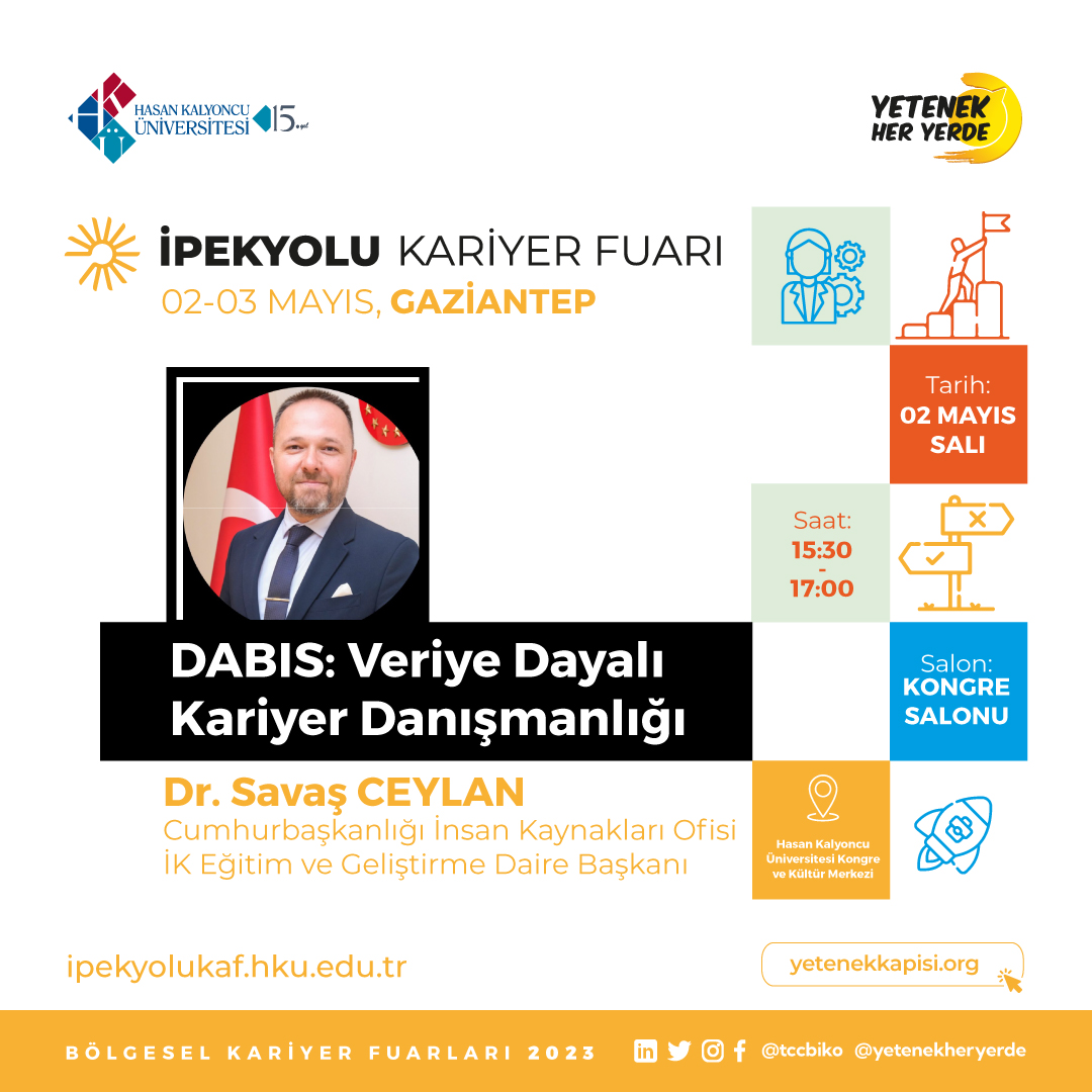 ipekyolukaf's tweet photo. @tccbiko tarafından koordine edilen ve üniversitemizin ev sahipliğinde, konuğumuz 'DABİS: Veriye Dayalı Kariyer Danışmanlığı' konu başlığı ile Cumhurbaşkanlığı İnsan Kaynakları Ofisi İK Eğitim ve Geliştirme Daire Başkanı Dr. Savaş Ceylan olacak.
📷2 Mayıs
📷15.30
📷HKÜ KKM https://t.co/iITUpNaPf1