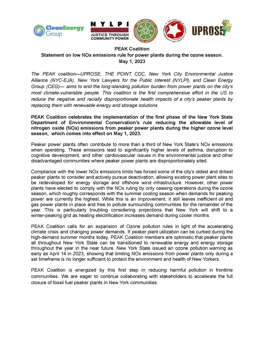 Today marks the first day <a href="/NYSDEC/">New York State Dept. of Environmental Conservation</a>'s ozone emissions rule goes into effect. Read our statement on the importance of curbing NOx emissions not just during ozone season here: peakcoalition.org/_files/ugd/f10…