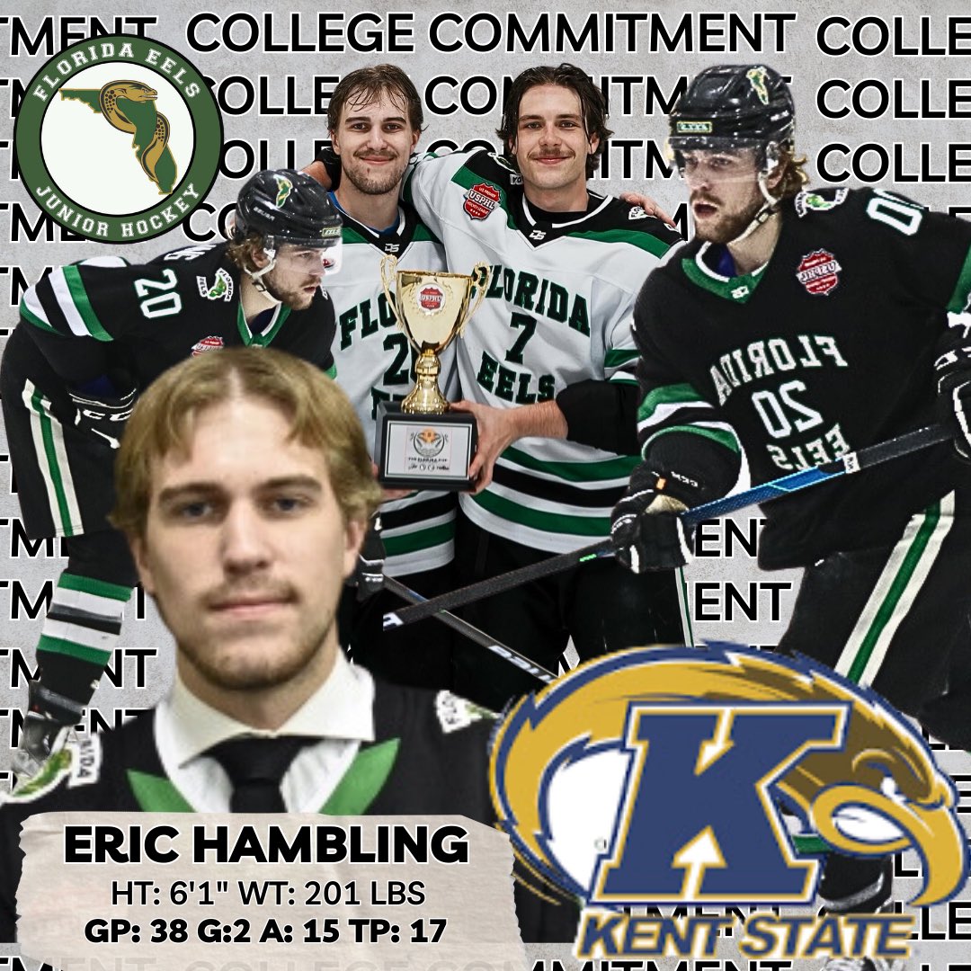 FloridaEels's tweet photo. It is with great pleasure that the Florida Eels announce the college commitment of Eric Hambling, a two-year veteran of the Florida Eels to Kent State University #fleels #eelsgotocollege @USPHL @The_DanKShow https://t.co/hYr9nsTZY3