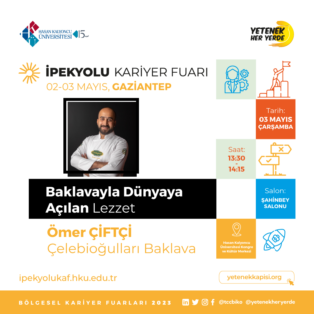 ipekyolukaf's tweet photo. @tccbiko tarafından koordine edilen ve üniversitemizin ev sahipliğinde, ''İpekyolu Kariyer Fuarı''nın konuğu 'Baklavayla Dünyaya Açılan Lezzet' konu başlığı ile Çelebioğulları Baklava'nın sahibi Mehmet Çiftçi olacak.
📷3 Mayıs
📷13.30
📷HKÜ KKM https://t.co/zmZ4PDrUNK