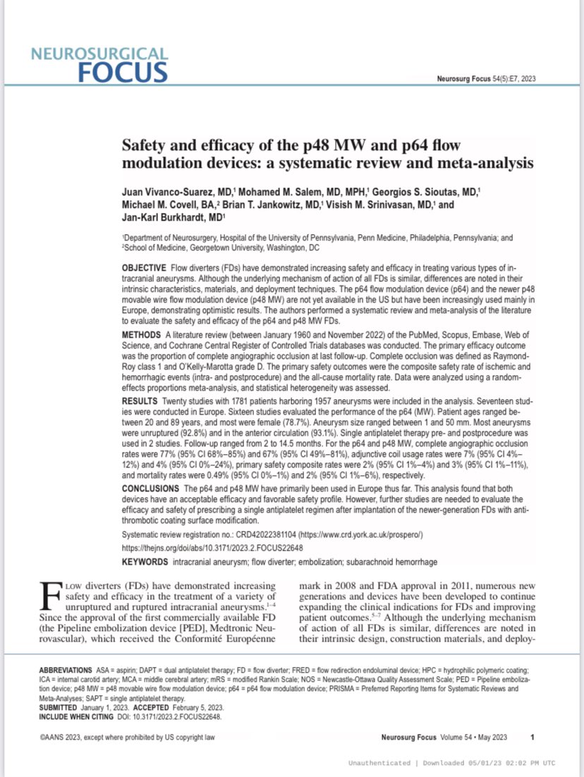 New @TheJNS #NeurosurgicalFocus on the p64 & p48 flow diverters: complete angio occlusion rates (77%, 67%), a favorable safety profile, mostly used in Europe. Grateful to contribute! @jsvivanco1 @MMSalemMD @GSSioutas @visishs @JanKarlBurkhar1 @PennNSG 

thejns.org/focus/view/jou…