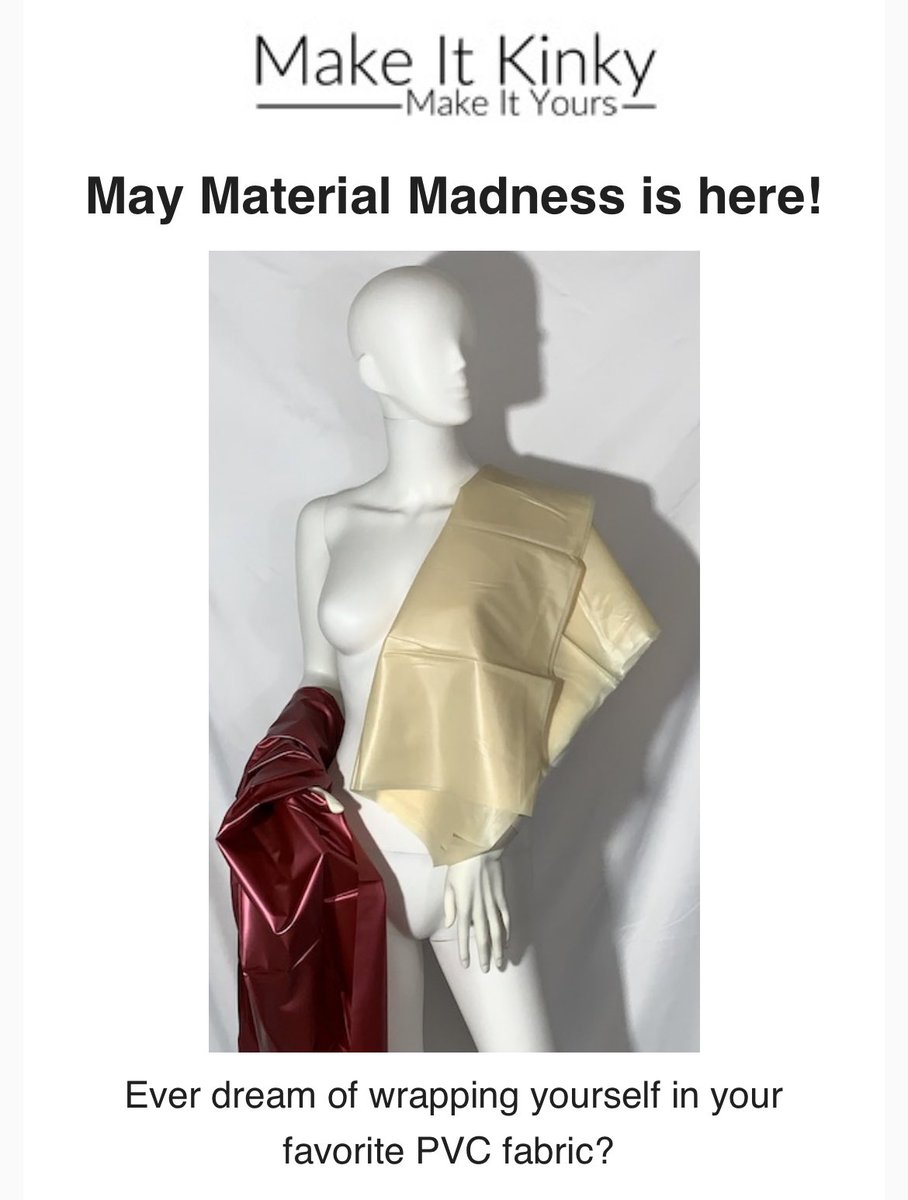MakeitKinkyUS's tweet photo. Ever dream of wrapping yourself in your favorite PVC fabric?
Well this month all In-Stock Material Sheets are 15% off at https://t.co/uWxDKPT4z5
These are great for crafting and repairs, or just enjoy the feeling of it.
Available only while supplies last. #pvcsheet https://t.co/tWpGa6aIlX