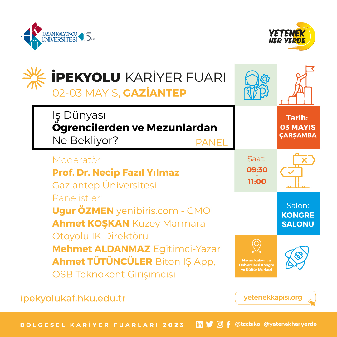 ''İpekyolu Kariyer Fuarı''nda Prof. Dr. Necip Fazıl Yılmaz moderatörlüğünde 'İş Dünyası Öğrencilerden ve Mezunlardan Ne Bekliyor' konusu, alanın uzmanları ile ele alınacak.
📷3 Mayıs
📷09.30
📷HKÜ KKM