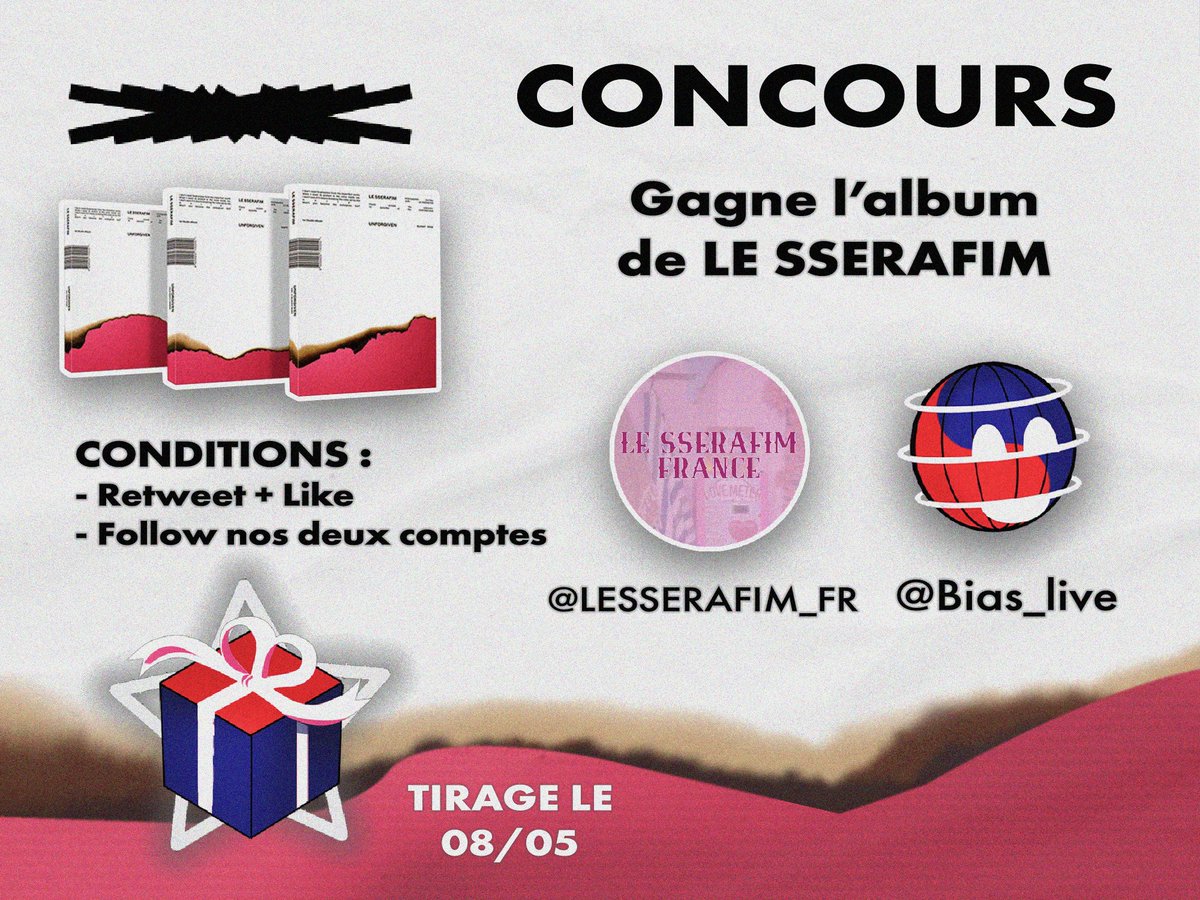(🏆) CONCOURS – 01.05.23

À l'occasion de la sortie de « UNFORGIVEN », la fanbase et <a href="/bias_live/">BIAS - Média K-pop FR 🇫🇷</a> vous offre la possibilité de remporter le nouvel album de LE SSERAFIM ! Pour cela, vous devez respecter les conditions ci-dessous 👀

<a href="/le_sserafim/">LE SSERAFIM</a> <a href="/IM_LESSERAFIM/">르세라핌</a>
#르세라핌 #LE_SSERAFIM