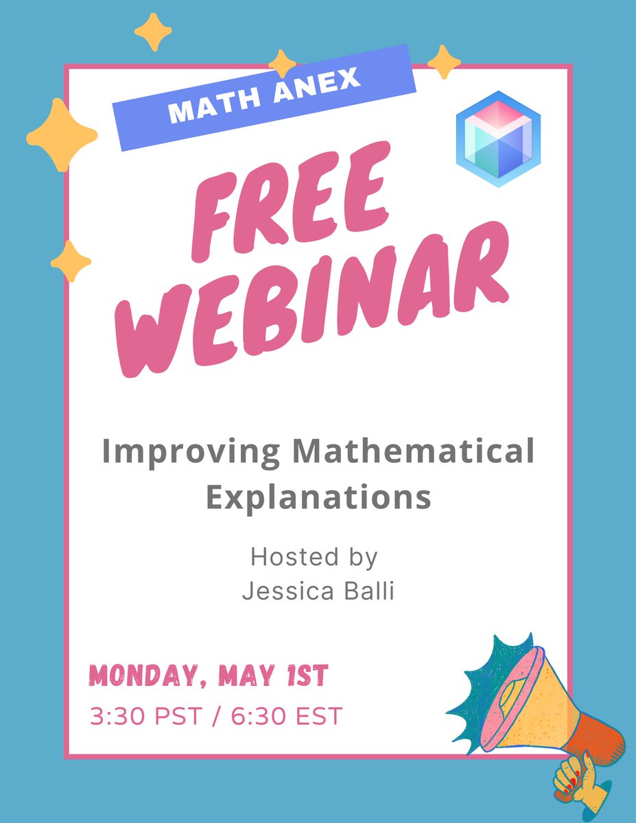 Math ANEX (@math_anex) on Twitter photo Want to learn about improving mathematical explanations? Join our free webinar TODAY!  
We'll share how we analyze student explanations and we'll go through a re-engagement activity you can use with your own students! #iteachmath #mtbos 
Register here: bit.ly/MAwebinar1 Want to learn about improving mathematical explanations? Join our free webinar TODAY!  
We'll share how we analyze student explanations and we'll go through a re-engagement activity you can use with your own students! #iteachmath #mtbos 
Register here: bit.ly/MAwebinar1