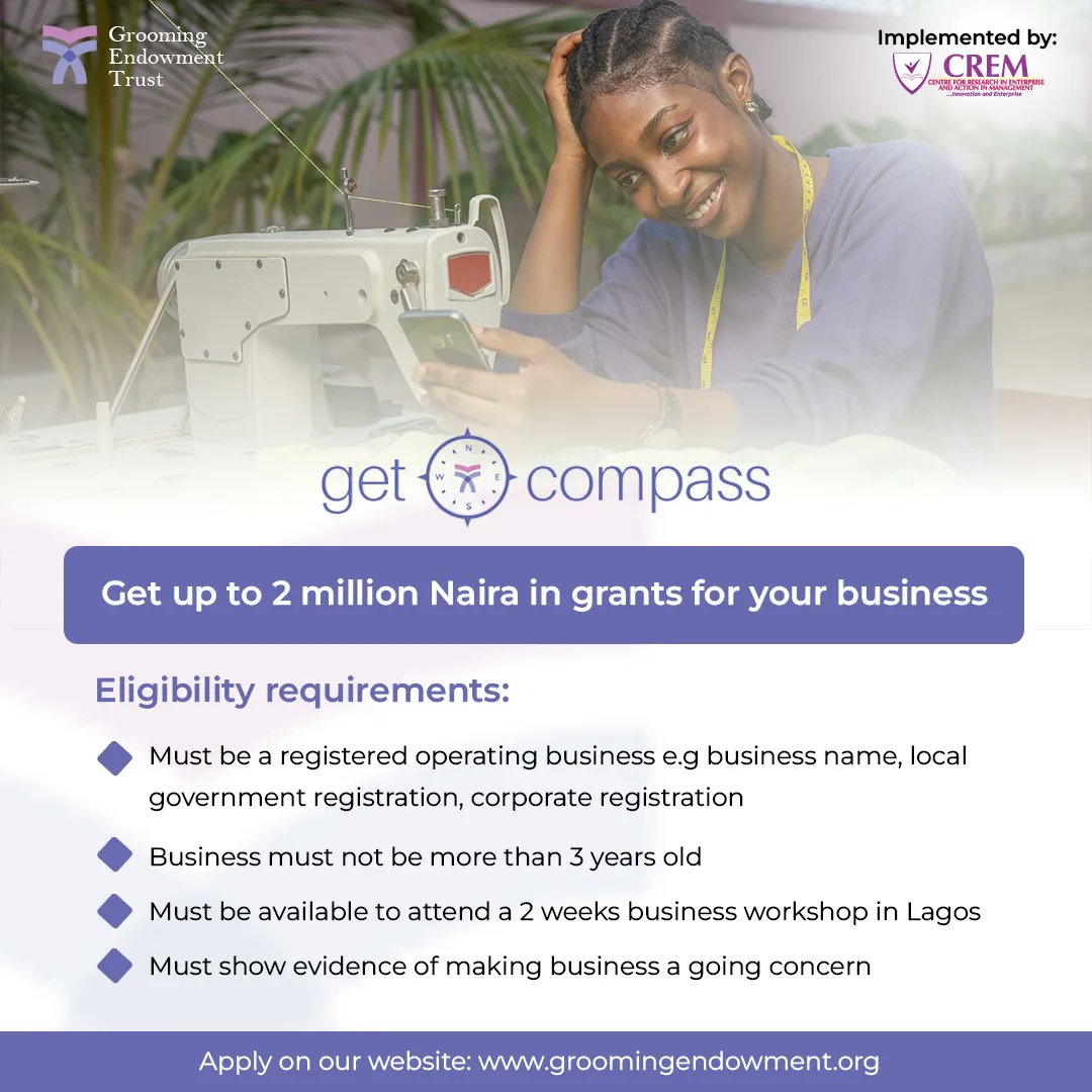 GroomingET's tweet photo. Do you have an SME? Do you need grants for your business?
GET Compass has got you!
Get up to 2 million naira in non-equity grants for your business with the GET Compass SME grant program. Swipe for eligibility criteria.
Applications open May 15th, 2023.
#GETCompass #SME https://t.co/3MM6Vwos1C