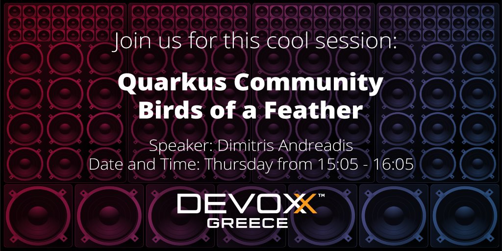 QuarkusIO's tweet image. Session spotlight: "Quarkus Community BOF" with Dimitris Andreadis
devoxx.gr/talk/?id=2584
Quarkus session list: github.com/quarkusio/quar…
#quarkusworldtour #kubernetesnativejava #devoxxgreece