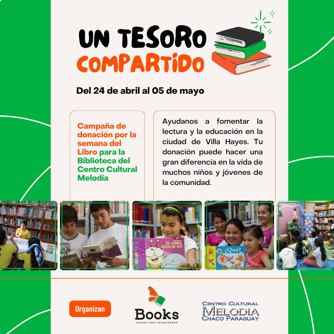 LibreriaBooks1's tweet photo. Te invitamos a sumarte a la Campaña de donación de Libros para la Biblioteca del Centro Cultural Melodía 📚 y ayudar a hacer una gran diferencia en la comunidad del Bajo Chaco.

📍Punto de donación 
Librería Books en delSOL Shopping

📞 021 611 730
📲 0981 407 560

#paraguay https://t.co/jU4Pnnm30C