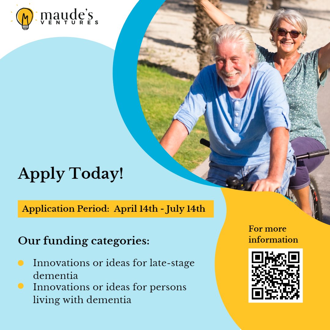 maudesventures's tweet photo. Do you have a new #program, #idea, #tool, or #technology that assists those living with general or late-stage #dementia? If so, scan the QR code or visit https://t.co/9Z3FTSsw9B and apply today for your opportunity to win $50,000 in seed investments! https://t.co/Is4yXi9vZR