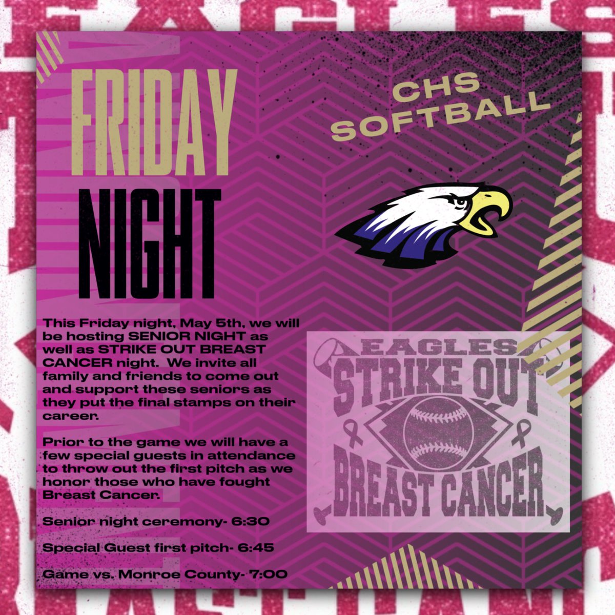 This Friday night, May 5th, CHS Softball will be hosting Senior night and Strike-Out Breast Cancer night! Festivities will begin at 6:30 and game time is set for 7:00 vs. Monroe County. Grab your pink attire and come out to support!