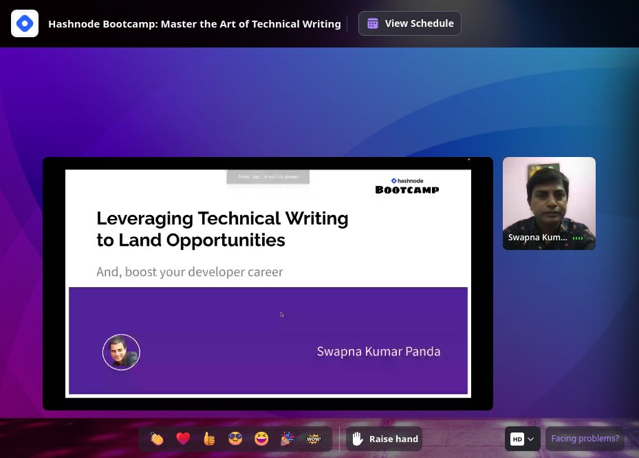 RocioGonzalezT9's tweet image. Now @swapnakpanda is talking about Leveranging Technical Writing to land opportunities #HashnodeBootcamp