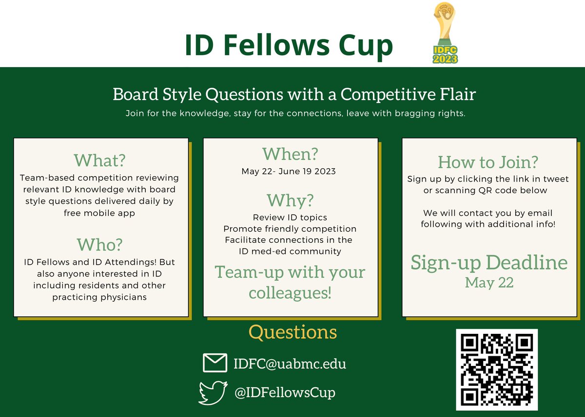 IDFellowsCup (@idfellowscup) on Twitter photo Today is the day! Spring Game Sign-ups are LIVE!!🎉
Over 700 joined us in May from #IDMedEd, #IDtwitter, #MedEd community!
We hope many of you return, and look forward to some new faces!
Sign-up: redcap.link/2023SpringCup
<a href="/IDSAMedEdCOP/">IDSA Medical Education Community of Practice</a> <a href="/ID_fellows/">Infectious Disease Fellows Network</a> <a href="/febrilepodcast/">Febrile</a> <a href="/TxID_Fellows/">TxID Early Career Network</a>
1/ Today is the day! Spring Game Sign-ups are LIVE!!🎉
Over 700 joined us in May from #IDMedEd, #IDtwitter, #MedEd community!
We hope many of you return, and look forward to some new faces!
Sign-up: redcap.link/2023SpringCup
<a href="/IDSAMedEdCOP/">IDSA Medical Education Community of Practice</a> <a href="/ID_fellows/">Infectious Disease Fellows Network</a> <a href="/febrilepodcast/">Febrile</a> <a href="/TxID_Fellows/">TxID Early Career Network</a>
1/