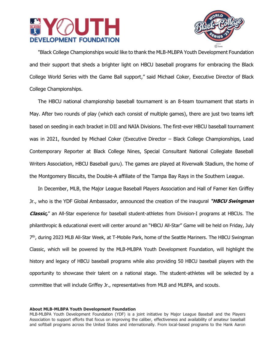 The MLB-MLBPA Youth Development Foundation (YDF) announced its support of the 2023 Black College World Series (BCWS) presented by @TysonFoods . The YDF will be the Game Ball Sponsor, covering the entire cost of all baseballs for games of the BCWS. @MLBbrodotcom