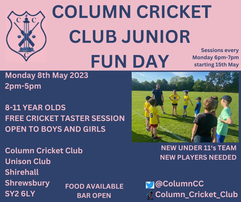 ColumnCC's tweet photo. If you have a child aged 8-11 in Shrewsbury then we invite them to come and join us at Column CC Monday 8th May for a FREE cricket taster day. 

A number of qualified coaches will be delivering the sessions starting with the FREE taster day. 

#Shrewsbury https://t.co/fR8U6iGcjw