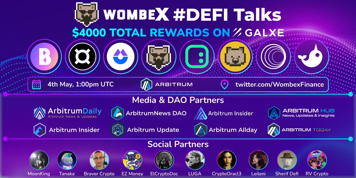 📣 Let's get ready to rumble for Wombex #DEFI Talks with 
<a href="/SpaceIDProtocol/">SPACE ID</a> 
<a href="/izumi_Finance/">iZUMi Finance | Nasdaq DAT</a> 
<a href="/fraxfinance/">Frax Finance ¤⛓️¤</a> 
<a href="/WombatExchange/">Wombat Exchange 🐻🔁</a> 
<a href="/UniwhaleEx/">Uniwhale Exchange</a> 
<a href="/zkBob_/">zkBob</a> 
<a href="/wormholecrypto/">wormholecrypto</a>

🎙️x.com/i/spaces/1BRKj…
📅4th May, 1pmUTC
🪂$4000 Rewards on <a href="/Galxe/">Galxe</a> : galxe.com/WombexFinance/…

We'll have a