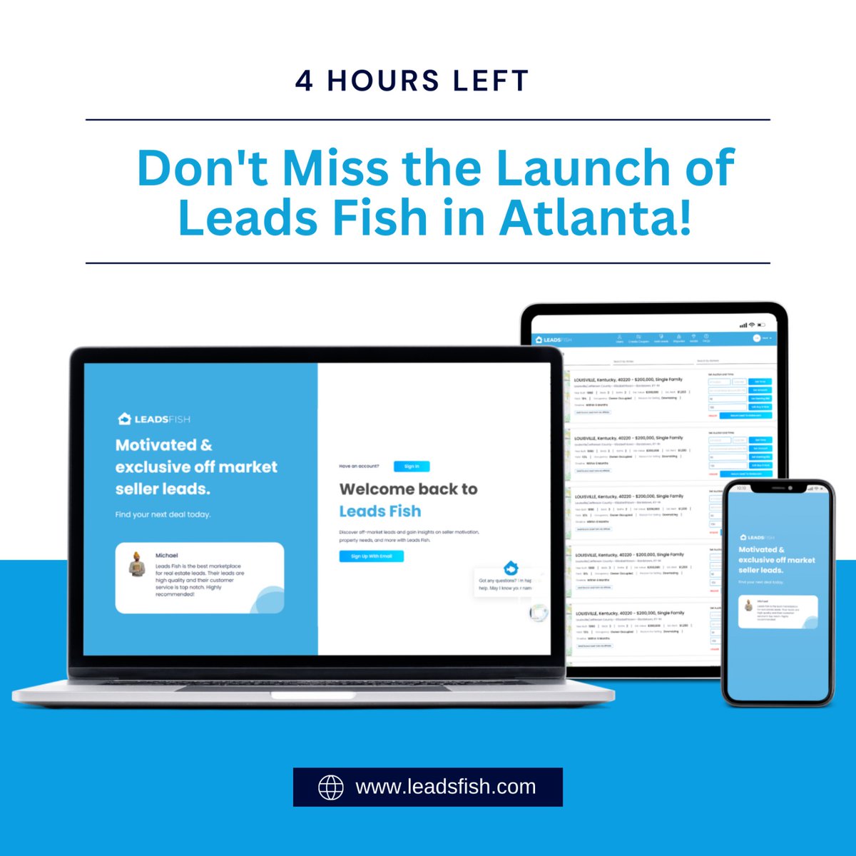 leadsfish's tweet image. Only 4 hours to go until Leads Fish launches! 🎉 We can't wait to help businesses in Atlanta and beyond generate more leads and increase sales. Follow us for updates on this exciting launch! 

#LeadsFish #Atlanta #LeadGeneration #realestateinvestors