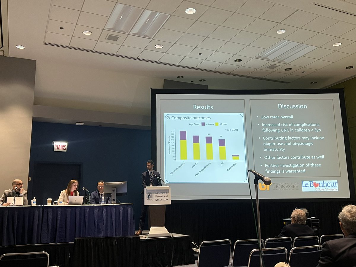 ASatheMD's tweet photo. ⭐️ MS4 @AbeAlmatari presenting evidence from pediatric NSQIP database that younger children (<3 yrs) have higher rates of post-op UTI + readmissions after open ureteral reimplant surgery for VUR.  
 
@UTHSCUrology @UTHSCPedsUro 

#AUA23 https://t.co/e7mrfEQ0x4