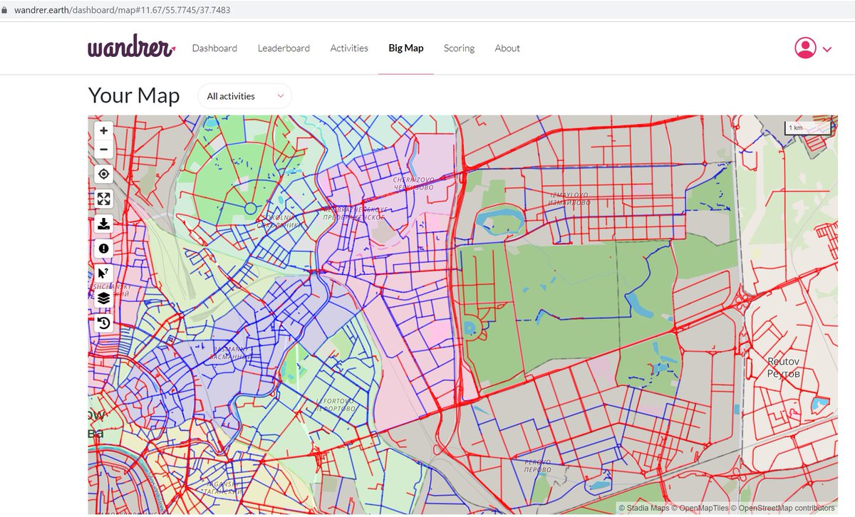 Сервис wandrer earth: считывает ваши велопоездки со Strava, матчит их с дорожным графом Openstreetmap, и закрашивает проезженные дороги