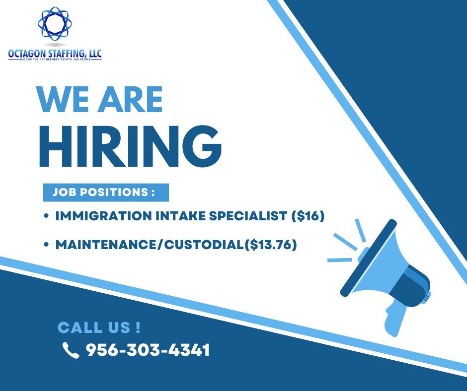 OctagonHr's tweet photo. Great opportunity in the BROWNSVILLE area:
-work as a contractor for the City
-weekly pay
-start by May 8th
Phone: 956-303-4341; email resume to angelica@octagonhr.com
#hiringalert #brownsvillejobs #nowhiring https://t.co/SdQSwX4B97