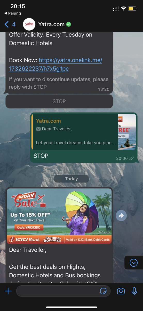 amulya349's tweet photo. @YatraOfficial 
You sent me a promotional msg in Whatsapp. Told me if I want to discontinue, reply with STOP. I did that. 

Then why are you spamming me again? https://t.co/kWlrgBVrWl