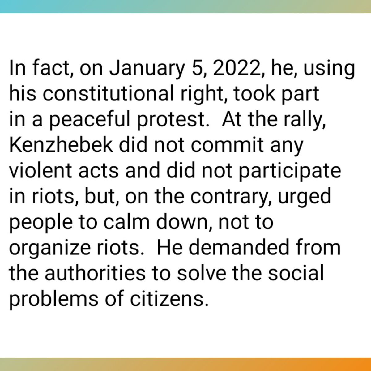 JomartAbdigapar's tweet photo. 3/5
The authorities accuse him of allegedly inciting protesters to use violence against law enforcement officers and disobey police officers and to riot.
@HRHFoundation
@maitepagaza
@peter_jahr
#ProtestJanuary2022 https://t.co/lMn2Dc0pSV