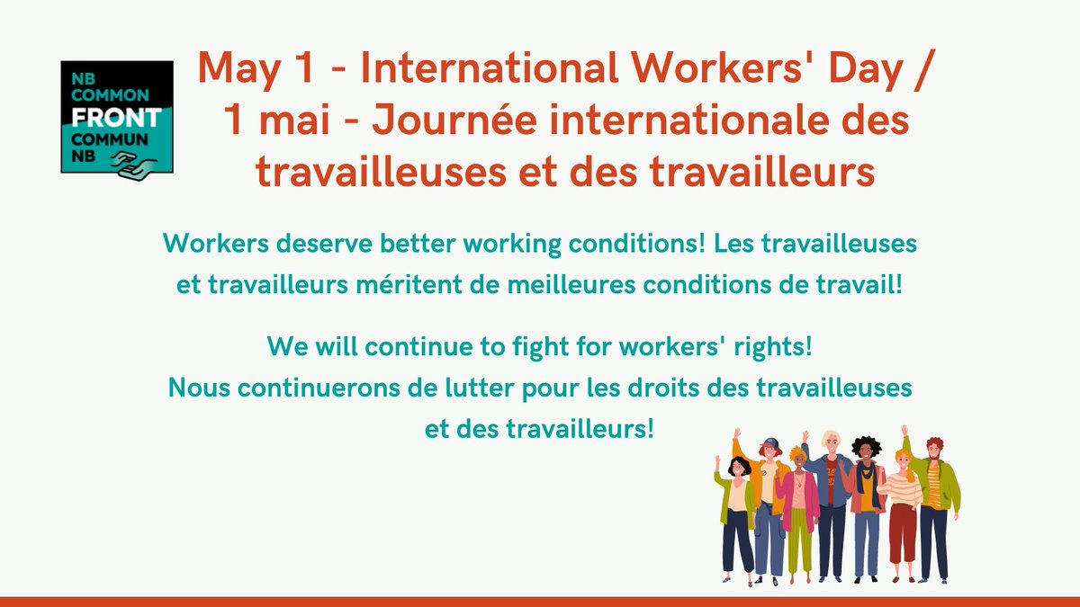 front_nb's tweet photo. Today is International Workers' Day - see our message below!

Aujourd'hui, c'est la Journée interntionale des travailleuses et des travailleurs - voir notre message ci-dessous! ✊

#MayDay2023 https://t.co/6aDF9lQWaV
