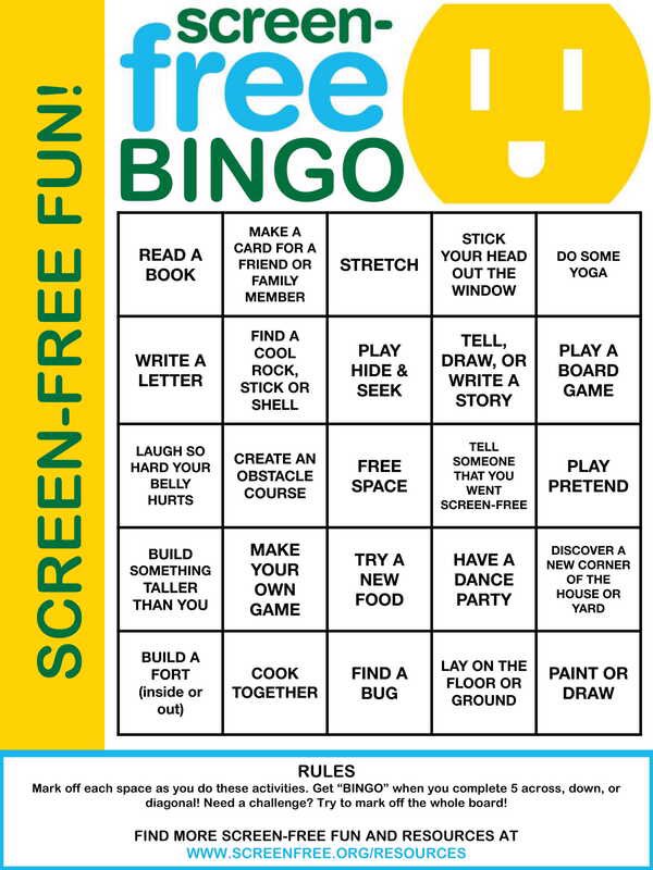 Today is the first day of National Screen Free Week! Of course, reading is the perfect activity for this week (and always), but this fun bingo sheet offers other great ways to celebrate a tech detox as a family! #screenfree #screenfreeactivities #takeabreak #nationalscreenfree