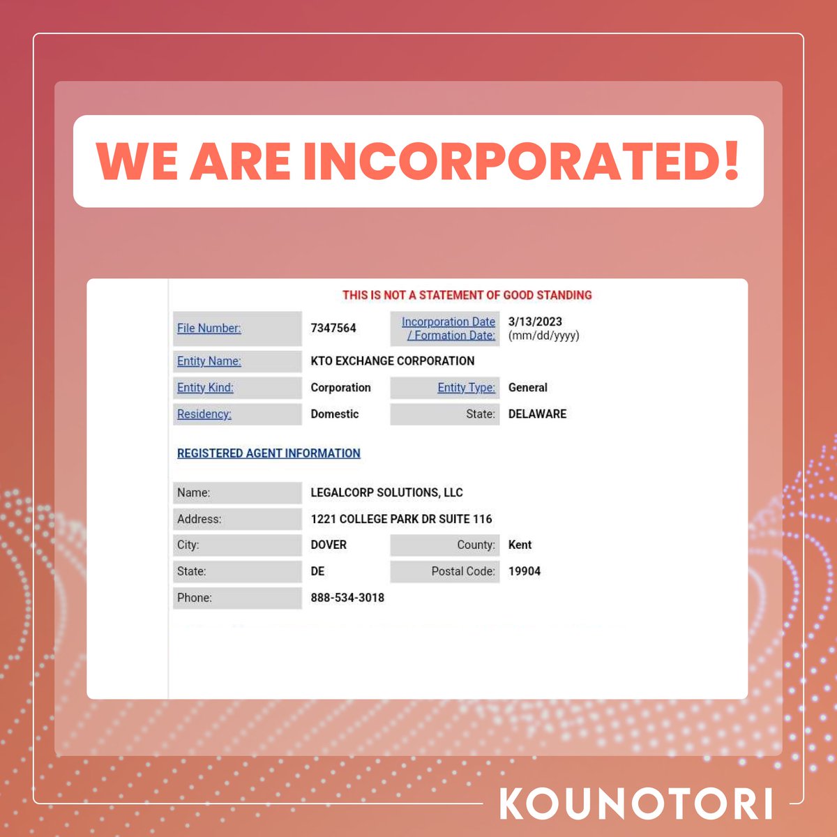 KTO_Exchange's tweet photo. As of March 13th, 2023, we are officially incorporated in the state of Delaware!
Development is ongoing, and #Alpha is open for testing!
To learn more join our Discord:
https://t.co/dr05rr0rmR
#KTO #MovingFoward #OpenHonestSecure https://t.co/JV45h4LVb5