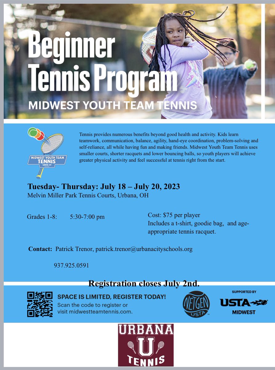 Sign up for our UHS Youth Tennis Clinic this summer. The clinic will be for kids entering grades 1-8. Includes a t-shirt, goodie bag, and age-appropriate tennis racquet!

midwestteamtennis.com/?post_type=eve…
