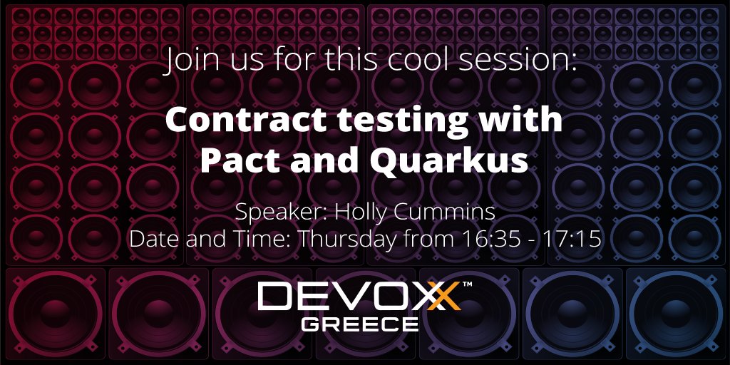 QuarkusIO's tweet image. Session spotlight: "Contract testing with Pact and Quarkus" with Holly Cummins
devoxx.gr/talk/?id=5260
Quarkus session list: github.com/quarkusio/quar…
#quarkusworldtour #kubernetesnativejava #devoxxgreece