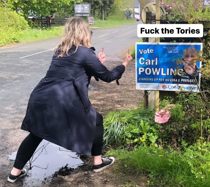 Just out exercising my right to free speech to tell the Tory candidate for Mersea, Carl Powling, what I think of his party. Vote tactically. Fuck the Tories.