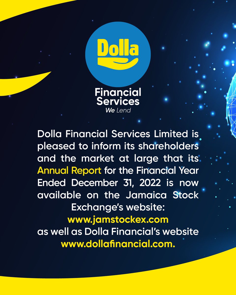 We are pleased to announce that our Annual Report For The Financial Year Ended December 31, 2022 is now available.

Visit jamstockex.com or dollafinancial.com for details.

#DollaFinancial
#JamaicaStockExchange