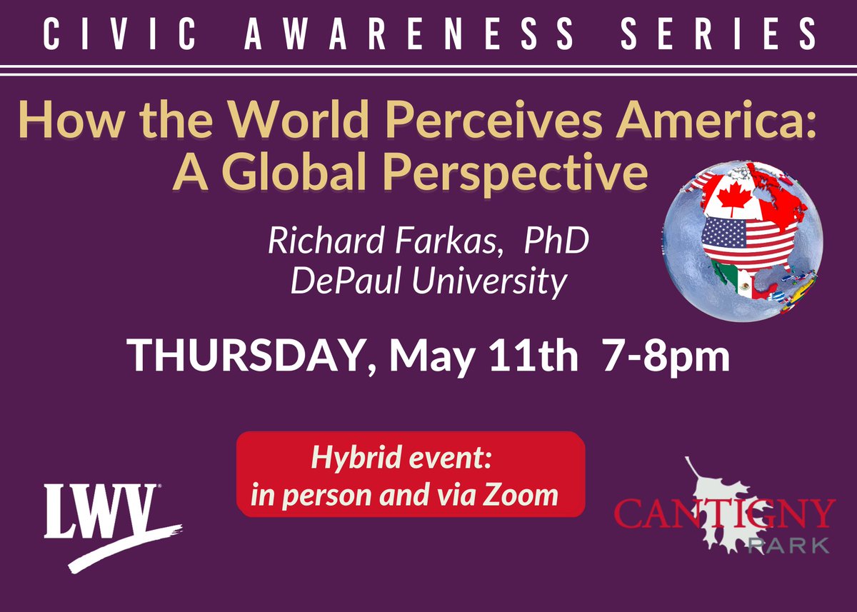 LWVWheaton's tweet photo. Join us for our May Civic Awareness Series - How the World Perceives America: A Global Perspective
Le Jardin
Thursday, May 11, 7 – 8 pm

Registration: https://t.co/HyWO45XDcH

More info in thread 1/3 https://t.co/sTLJdlvVKq