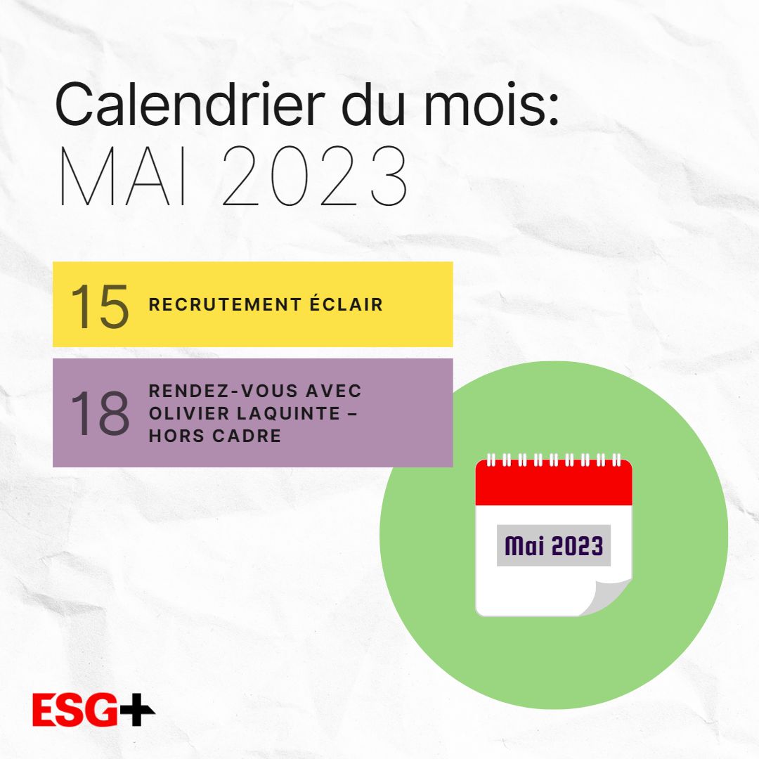 Bon mois de mai! En ce début de la session d'été, deux événements sont à mettre dans ton agenda! 
- Lundi 15 mai : Recrutement Éclair esgplus.esg.uqam.ca/evenement/recr…
- Jeudi 18 mai : Olivier Laquinte esgplus.esg.uqam.ca/evenement/recr…

#ESGPlus #ESGUQAM #CommunautéESGUQAM