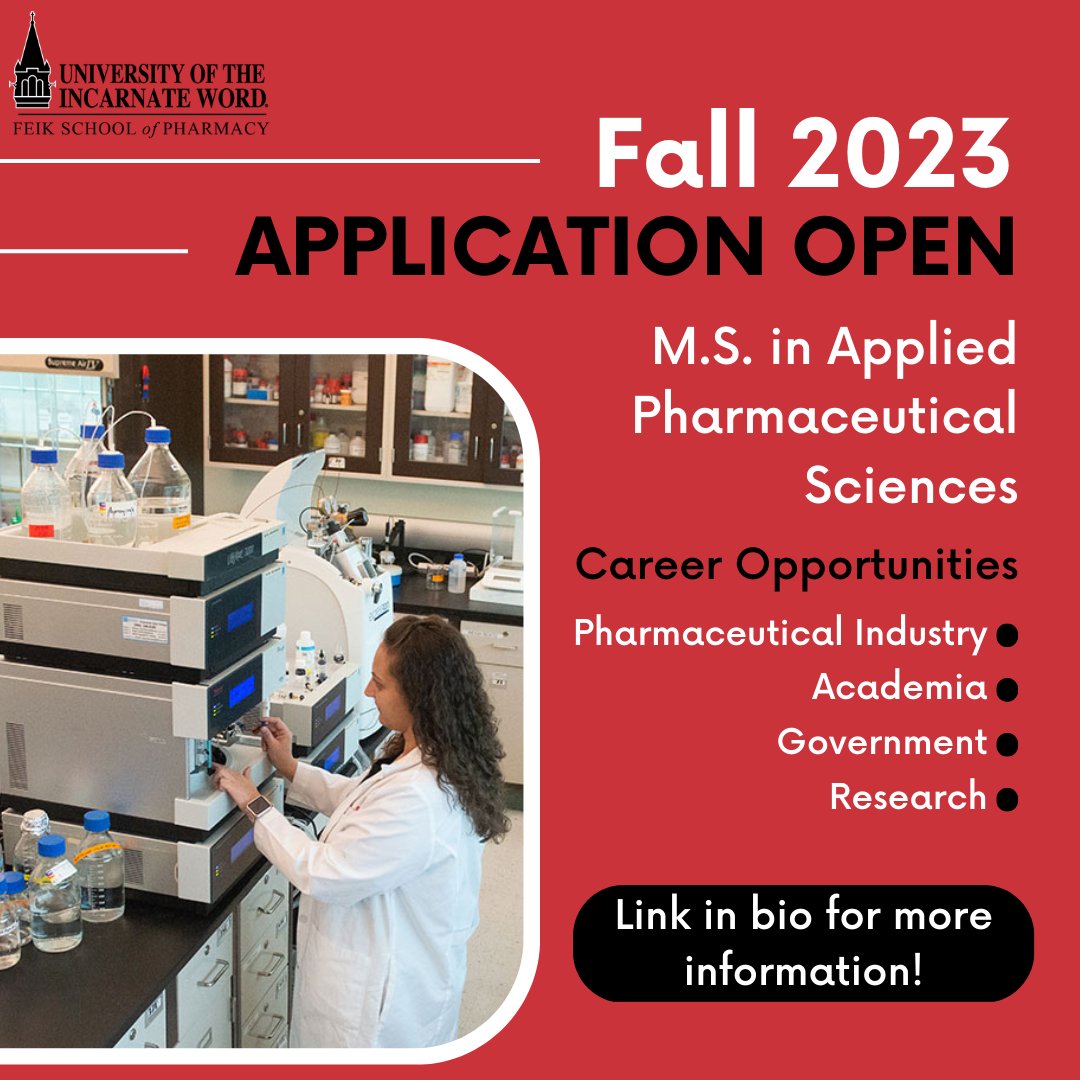 The UIW M.S. in Applied Pharmaceutical Sciences program is accepting applications for the Fall 2023 cohort. The program now accepts international applicants. Limited funding is available. Link in our bio for more information! #feikleads #pharmacyschool #pharmacy