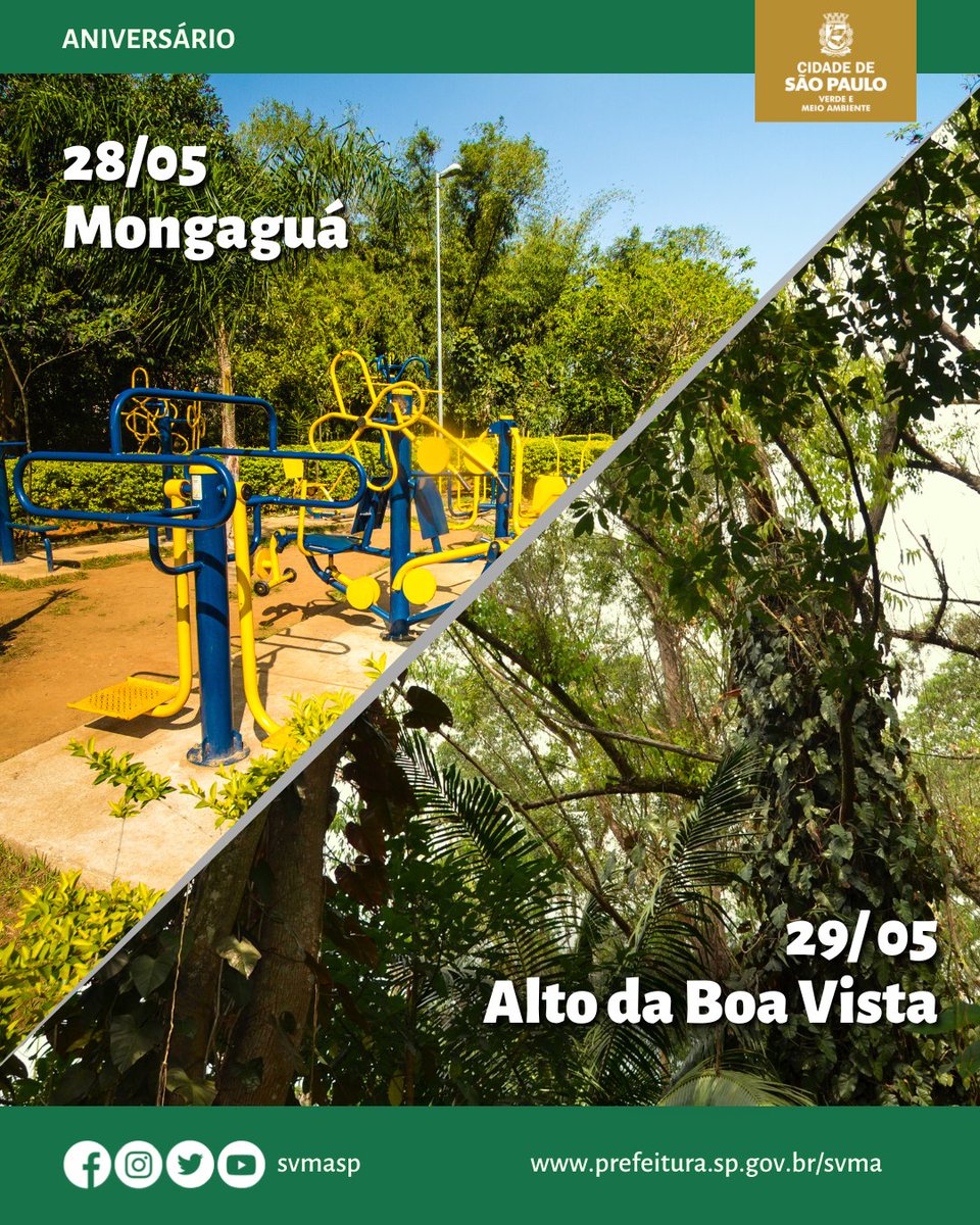svmasp's tweet photo. Hoje é o primeiro dia de maio!
Confira então os nossos parques que fazem aniversário nesse mês, ao todo serão cinco espaços que unem a biodiversidade com as áreas urbanas. Aproveite o feriado, chame seus amigos e familiares e venha conhecê-los!
#svma #parquessp #meioambiente https://t.co/CPuR3ZIh1R