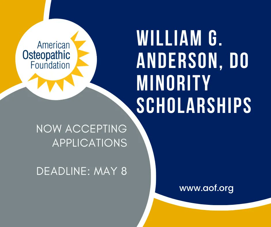 AOFDOgood's tweet photo. The deadline is fast approaching for many of our scholarships, such as the AOF William G. Anderson, DO, Minority Schiolarships. Head over to our website to take a look. https://t.co/aAcj31sH7e #DOGood #OsteopathicMedicine #Scholarships https://t.co/xJk7bzdCnw