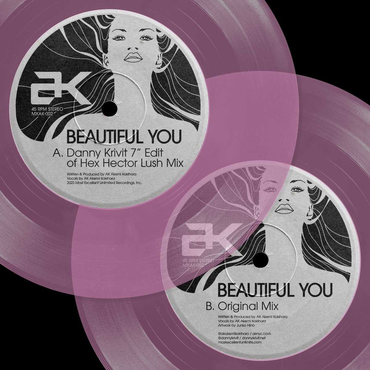 dannykrivit's tweet image. My wife, AK @akakemikakihara, has a very gorgeous picture cover, limited edition clear pink, 7” vinyl release of her recent smash hit “Beautiful You”, featuring a RMX by DJ @iamhexhector &amp;amp; edited by @dannykrivit.
tinyurl.com/ytbwsw5d

#dannykrivit #akakemikakihara