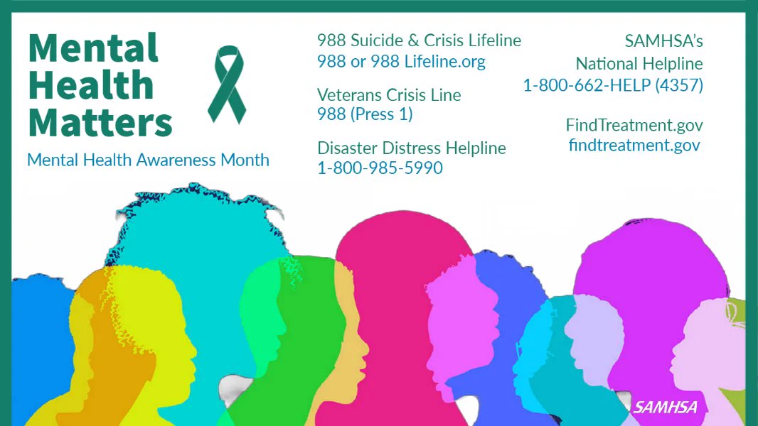 Mental Health Matters. Mental Health Awareness Month. 988 Suicide & Crisis Lifeline 988 or 988Lifeline.org Veterans Crisis Line Dial 988 (Press 1) SAMHSA's National Helpline 1-800-662-HELP (4357) Disaster Distress Helpline 1-800-985-5990 FindTreatment.gov 