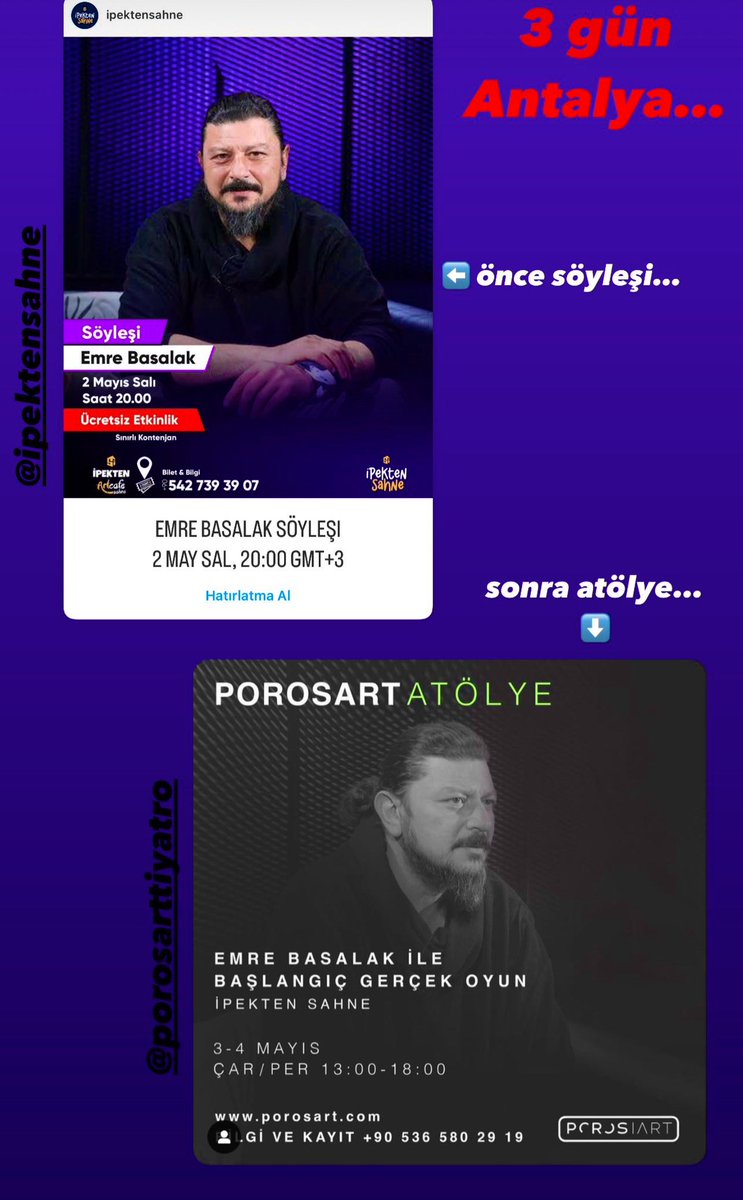 Yarın ANTALYA

 📌Önce söyleşi… 
İpekten sahne saat 20:00
( herkesi bekleriz )
instagram.com/ipektensahne?i…

📌Sonra atölye…
PorosArt Atölye
( <a href="/PorosArt/">Poros Art</a>  )