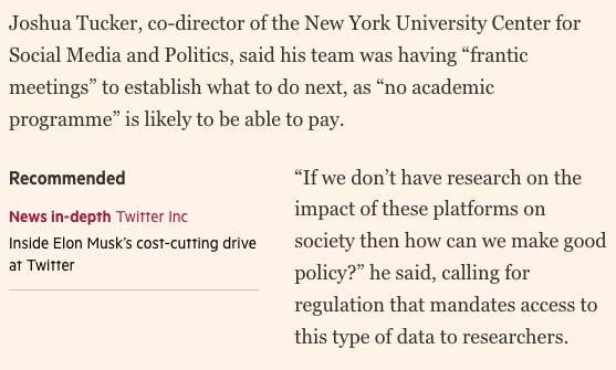 CSMAP_NYU's tweet photo. Twitter's new API paywall is pricing out even well-resourced institutions like ours. "If we don't have research on the impact of these platforms on society then how can we make good policy?" asks @j_a_tucker in @FT 

https://t.co/Zeq4aNRlpH https://t.co/V94X7fw5Xl
