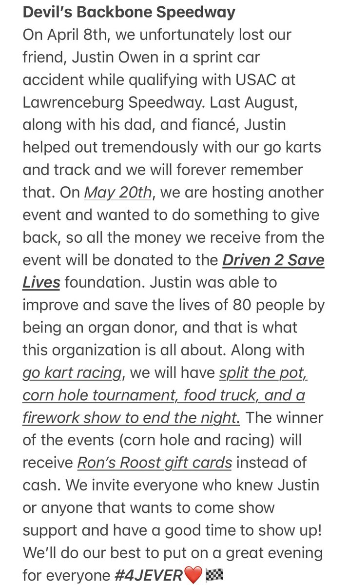 SpeedwayDevil's tweet photo. On May 20th, all of the money we receive will be donated to @Driven2Save. If you can’t make it and still want to donate, DM us and we’ll send you the information. Any questions or need the address, DM us. We hope to see everyone for a fun night! https://t.co/AhLvdsRohB    #4JEVER https://t.co/i9yycalHwZ