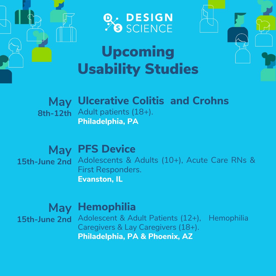 designscience's tweet image. Announcing our upcoming usability studies and your chance to provide us with feedback to ensure your medical technology is functioning to the best of its ability!  
#crohnswarrior #colitisfighter #diabetes #hemophilia #UXdesign #marketresearch #medicaltechnology