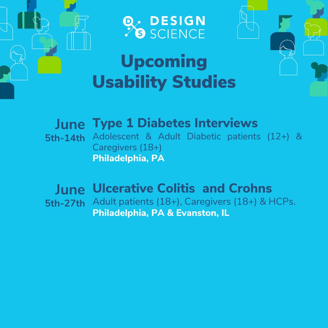 designscience's tweet image. Announcing our upcoming usability studies and your chance to provide us with feedback to ensure your medical technology is functioning to the best of its ability!  
#crohnswarrior #colitisfighter #diabetes #hemophilia #UXdesign #marketresearch #medicaltechnology