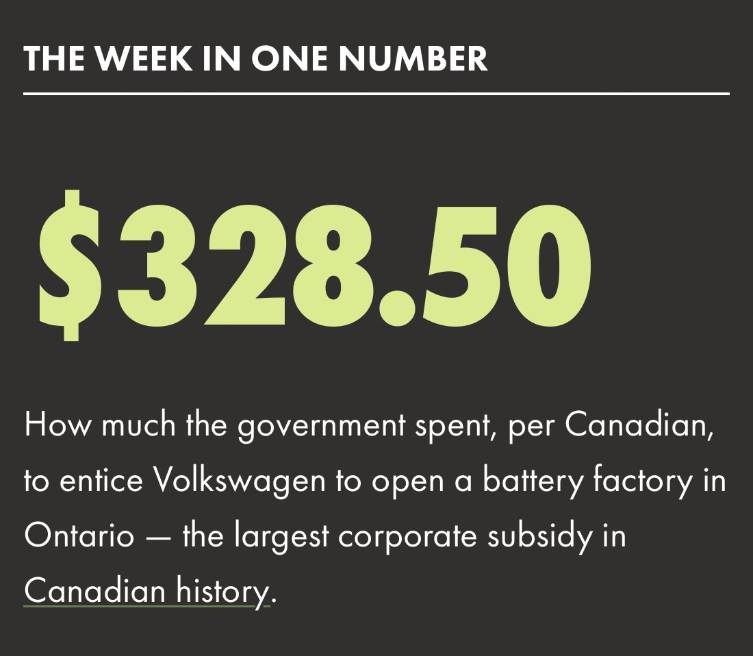 BetterDwelling's tweet photo. 🇨🇦 is giving $328 per Canadian to Volkswagen to build a battery factory, the country’s largest corporate handout ever.

A fun fact via @Wealthsimple. 

Is spending $2.3m per job a sustainable way to accommodate population growth? 🤔 

#cdnpoli #onpoli https://t.co/ywEdw91U5t