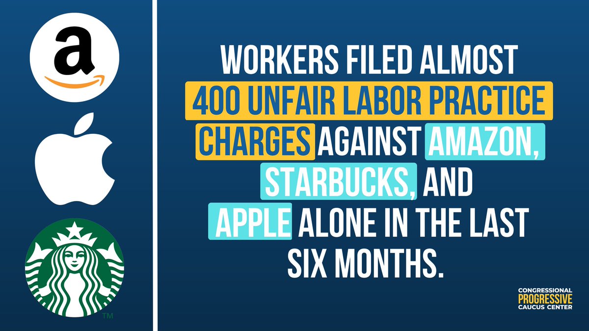 WeBuildProgress's tweet photo. Workers filed nearly 400 charges against @amazon, @starbucks, and @apple for breaking labor laws in the last six months alone. 

The @nlrb holds employers accountable for violating workers’ rights! #FairLaborPracticesNow #WorkersRights https://t.co/foBT7136JR