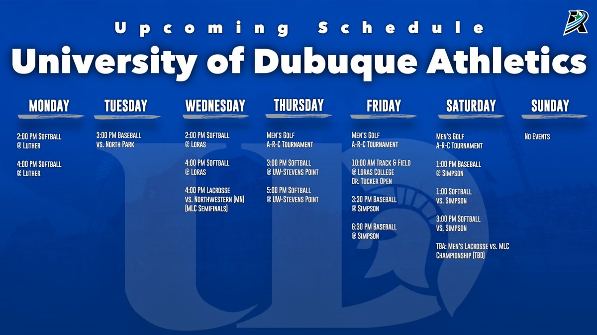 UDubuqueSports's tweet photo. Upcoming @UDubuque Athletics Schedule⬇️

Final Home Week!
5/2 - @UD__Baseball vs North Park | 3:00 p.m.

5/3 - @dubuqueMlax vs Northwestern | 4:00 p.m.

5/6 - @DubuqueSoftball DH vs Simpson | 1:00 p.m.

5/4-5/6 @DbqGolf at A-R-C Men's Golf Tournament in Muscatine, Iowa https://t.co/efkoWDMm8D